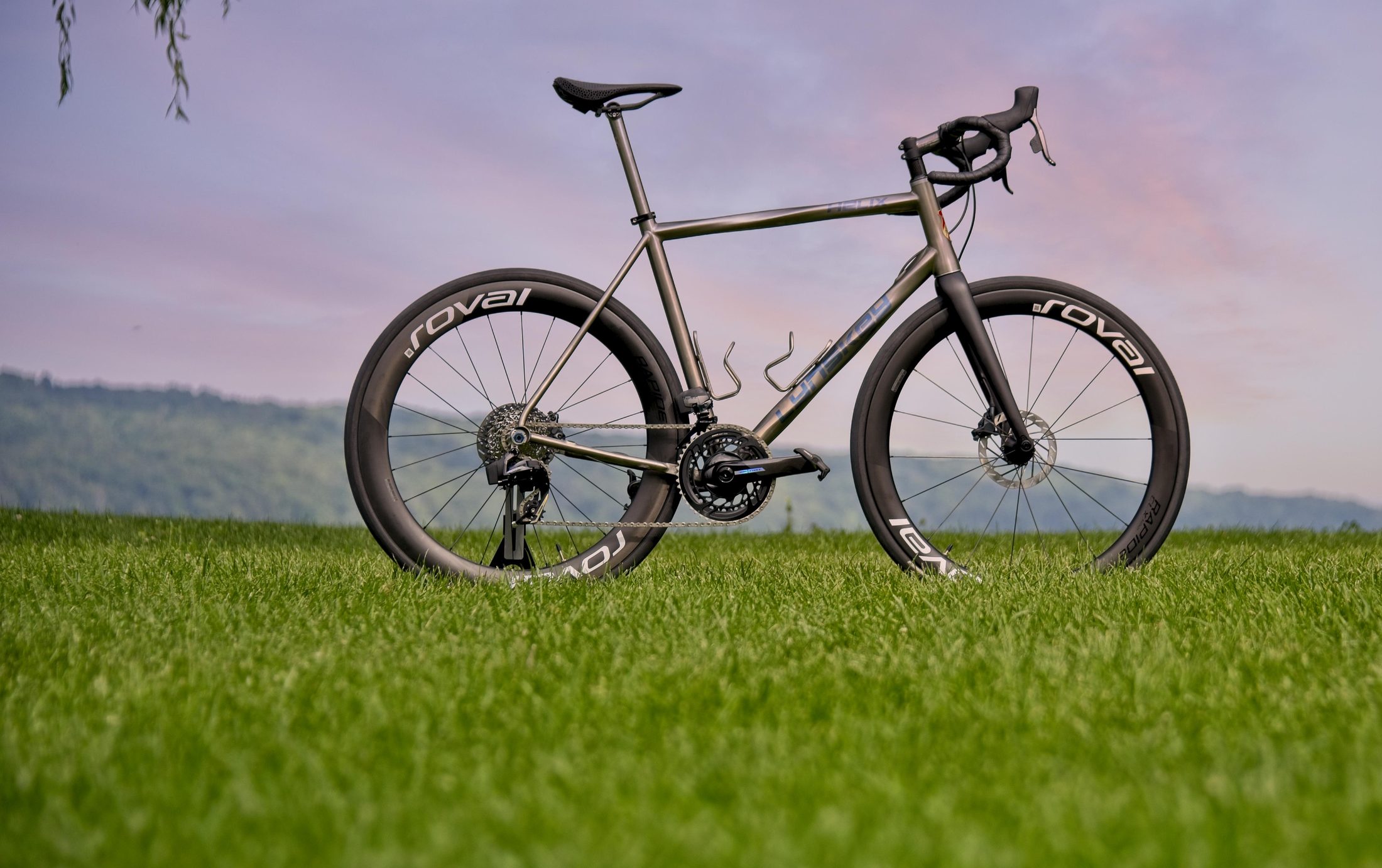Bicycle in a grass field at dusk