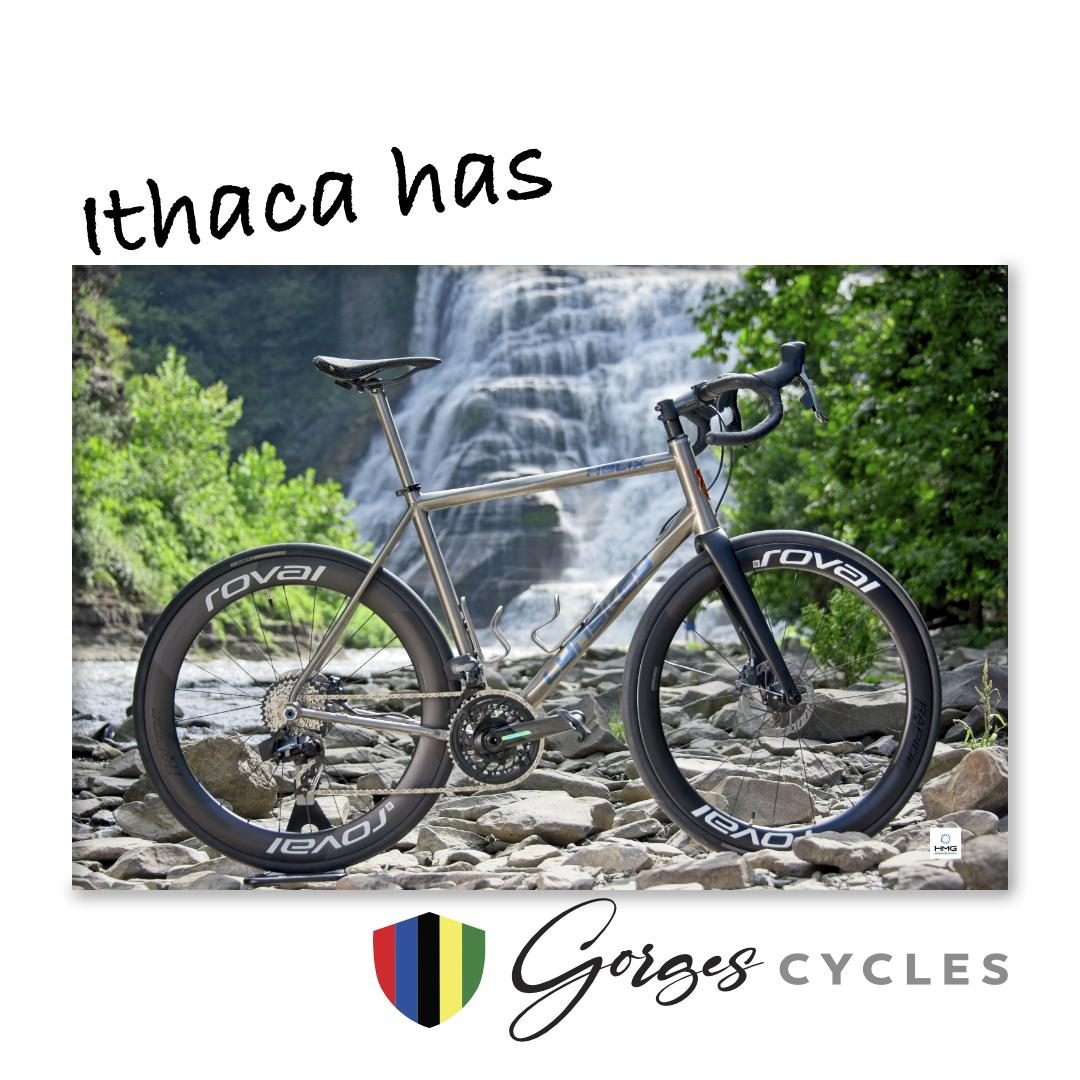 Gorges Cycles print ad featuring the bike at Ithaca Falls