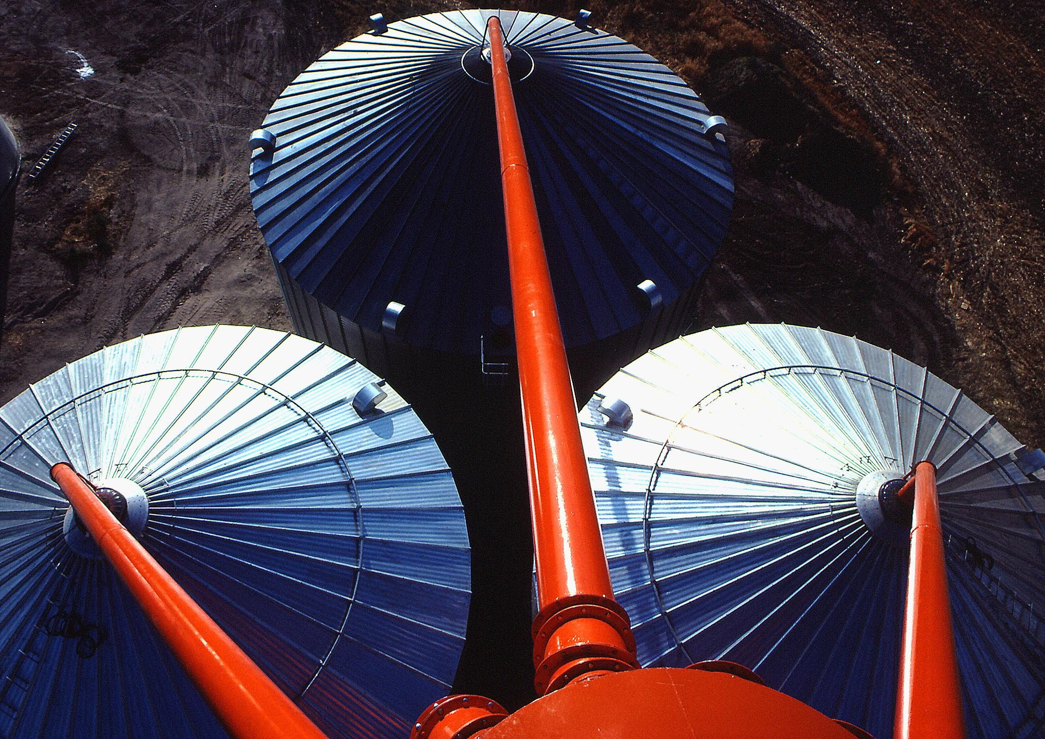 Grain bins from above, aerial detail