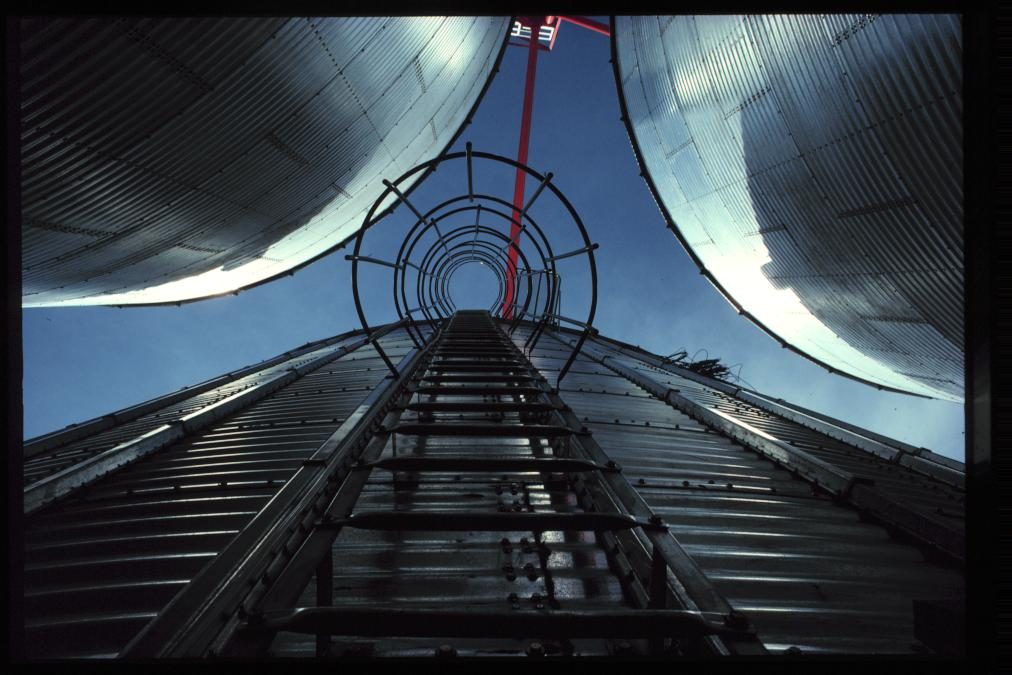 Looking up a grain bin ladder