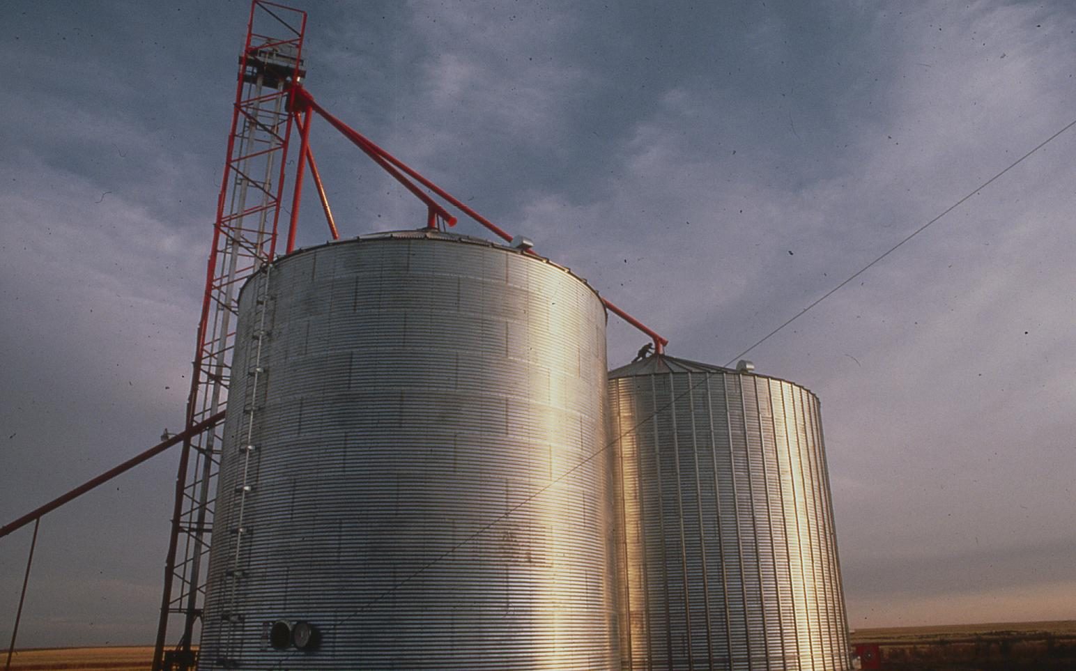Grain silos at dusk