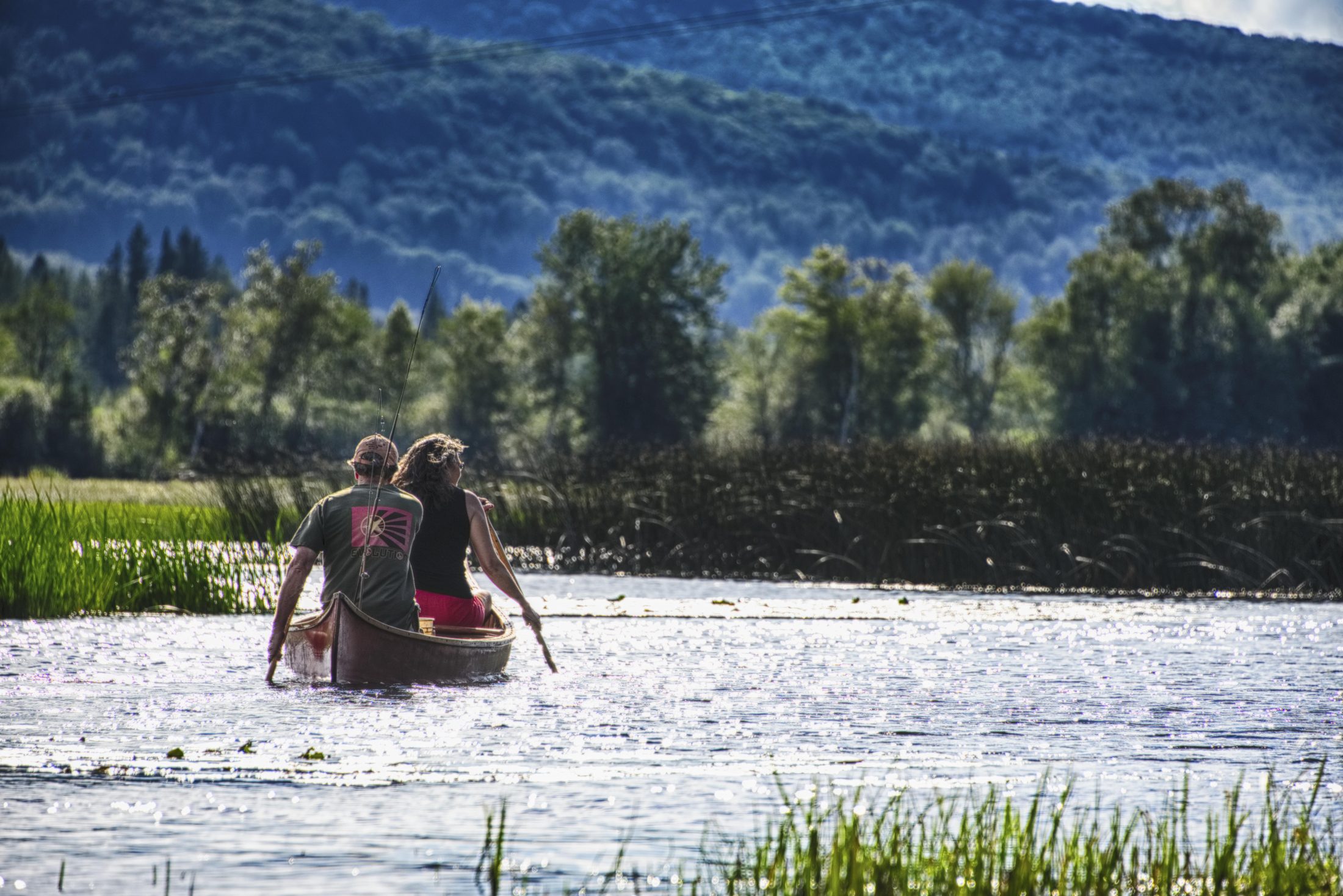 Couple paddling a canoe